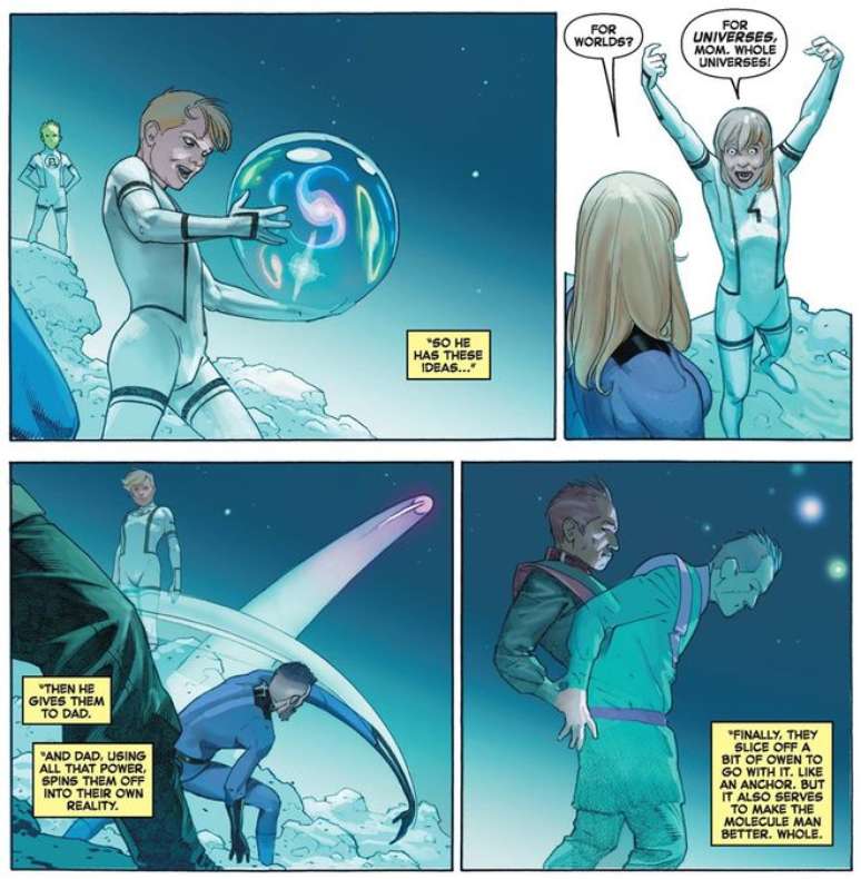 Reed e seus filhos reconstuíram o Multiverso Marvel com a ajuda do Homem Molecular (Imagem: Reprodução/Marvel Comics)