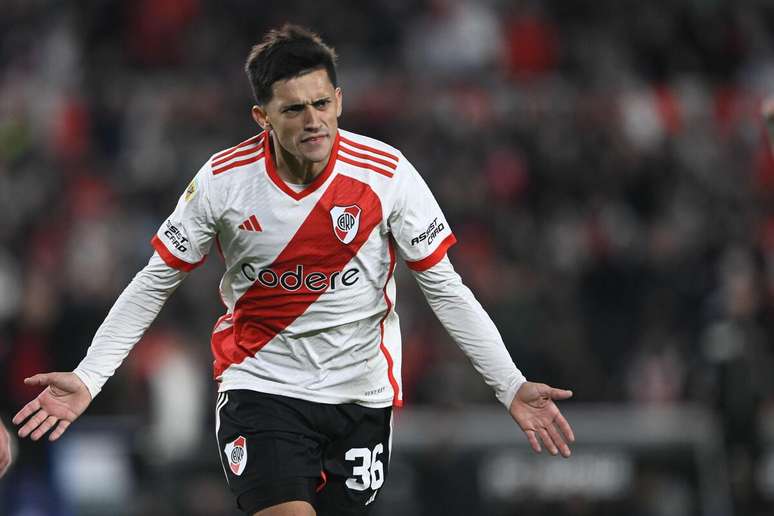 Pablo Solari (River Plate) após marcar em partida contra o Belgrano no dia 18.05.2024 