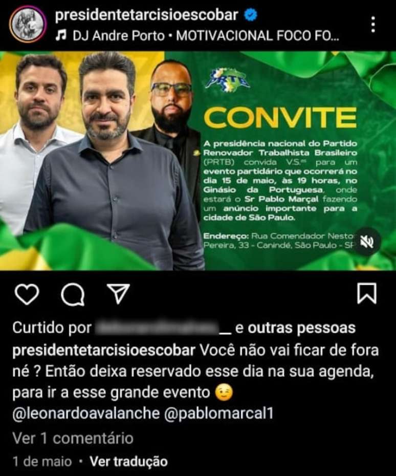 Pablo Marçal, Leonardo Avalanche e Tarcísio Escobar em convite para evento do PRTB