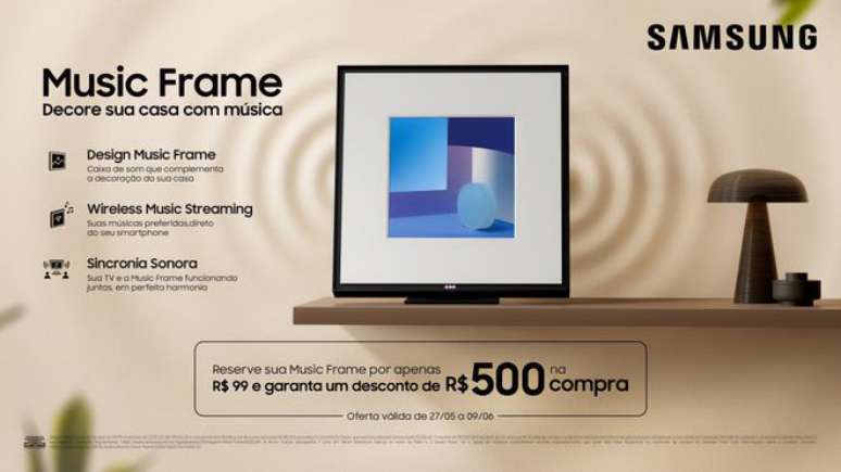 A Samsung Music Frame entra em pré-reserva no Brasil, oferecendo desconto de R$ 500 na compra do voucher promocional (Imagem: Divulgação/Samsung)