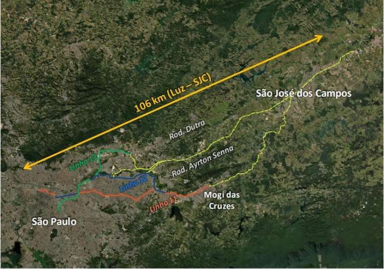 A extensão total da linha deverá ser de 80km a 130km; definição de trajeto será feita após os estudos de viabilidade