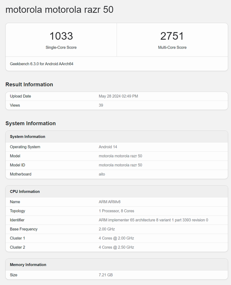 Com 8 GB de RAM e o suposto chip MediaTek Dimensity 7300X, o Motorola Razr 50 não traz grandes avanços de desempenho, entregando performance similar ao antecessor (Imagem: Reprodução/Geekbench)