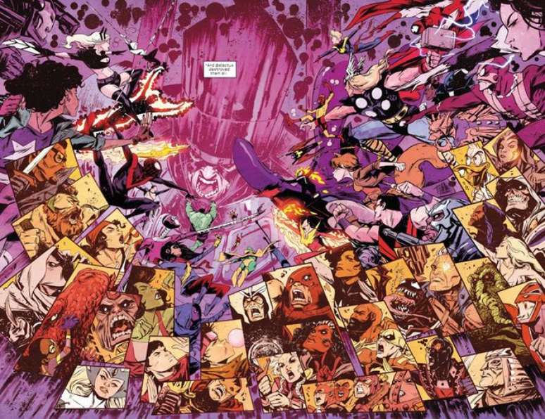 A trama de Doom revela Galactus se alimentando de galáxias inteiras antes de matar cinco Celestiais com uma única explosão de energia (Imagem: Reprodução/Marvel Comics)