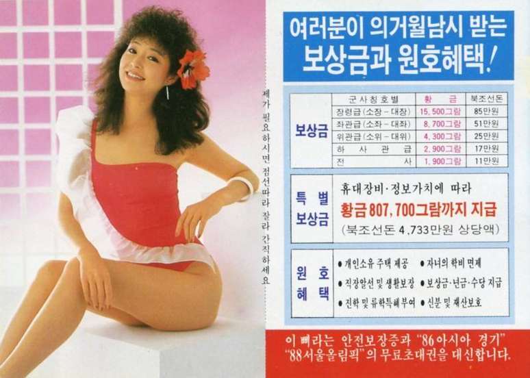 Foto de uma modelo conhecida e promessas de recompensas para quem chegasse do Norte — esta mensagem foi enviada pela Coreia do Sul aos norte-coreanos na década de 1980