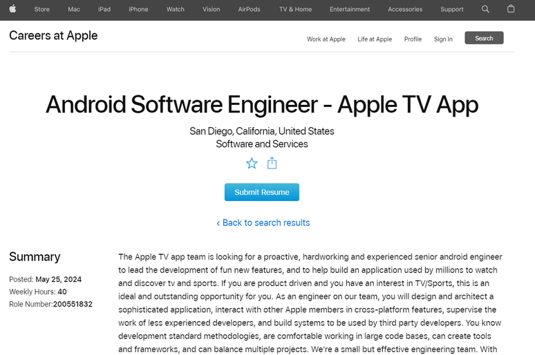 Apple está à procura de engenheiro de software com foco em Android para liderar criação de novo app do Apple TV(Imagem: Reprodução/Apple)