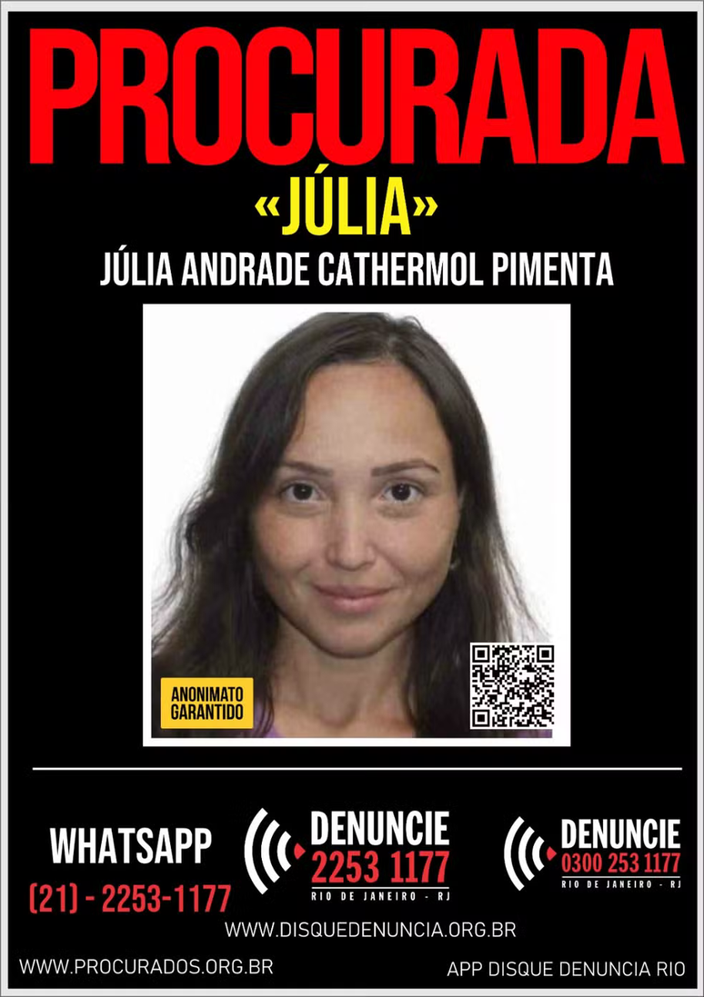 Polícia divulga cartaz com rosto de Julia para encontrar paradeiro de suspeita