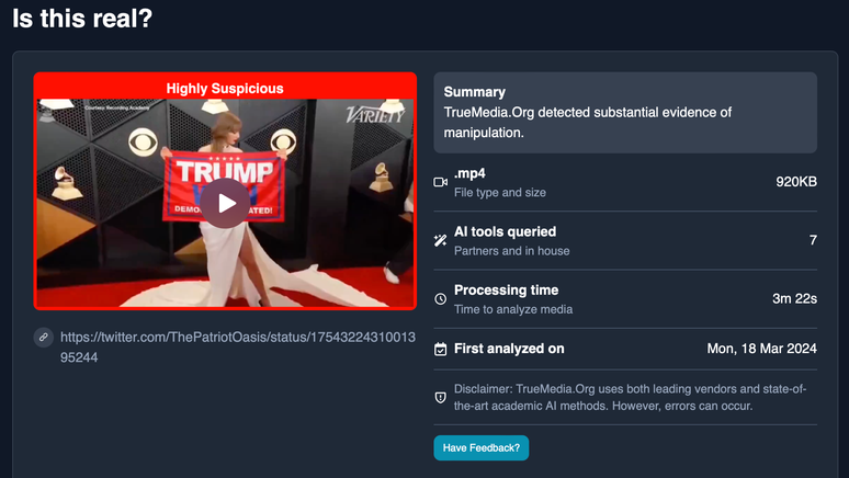 Conteúdo 'altamente suspeito': a ferramenta True Media encontrou 'evidência significativa de manipulação' em vídeo que mostra Taylor Swift segurando cartaz pró-Trump no Grammy