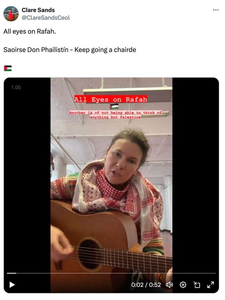 A cantora irlandesa Clare Sands postou um vídeo com a frase 'Todos os olhos em Rafah'