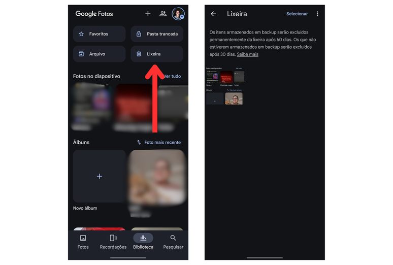 Open Google Photos and locate the trash can (Image: Screenshot/André Magalhães/Canaltech) Open Google Photos and locate the trash can (Image: Screenshot/André Magalhães/Canaltech)