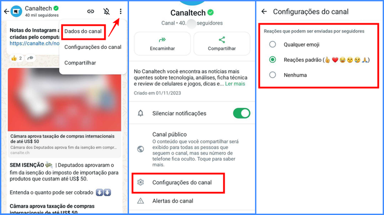Como configurar as reações em um canal do WhatsApp na versão para Android (Imagem: Captura de tela/Fabrício Calixto/Canaltech)