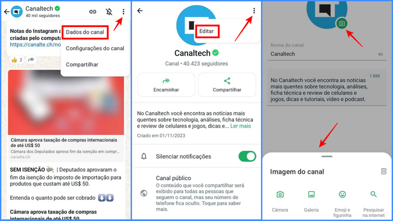 Como atualizar a imagem de destaque de um canal na versão do WhatsApp para Android (Imagem: Captura de tela/Fabrício Calixto/Canaltech)