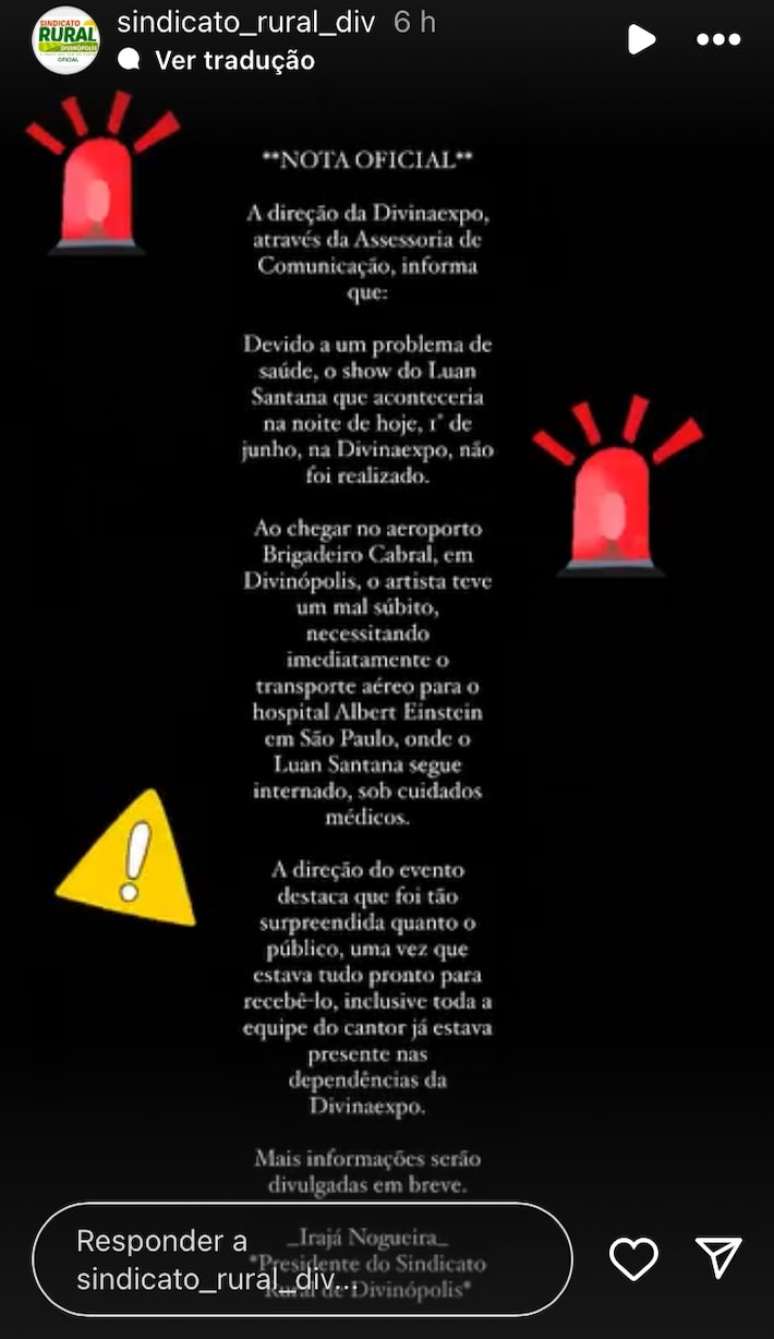 Sindicato Rural de Divinópolis diz que Luan Santana cancelou show que faria na Divinaexpo após passar mal.