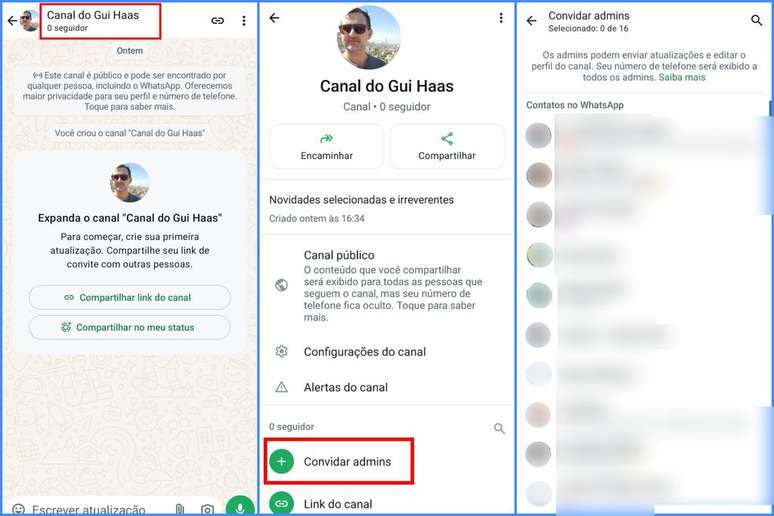 How to invite people to become admins of your channel on WhatsApp for Android (Image: Screenshot/Guilherme Haas/Canaltech) How to invite people to become admins of your channel on WhatsApp for Android (Image: Screenshot/Guilherme Haas/Canaltech)