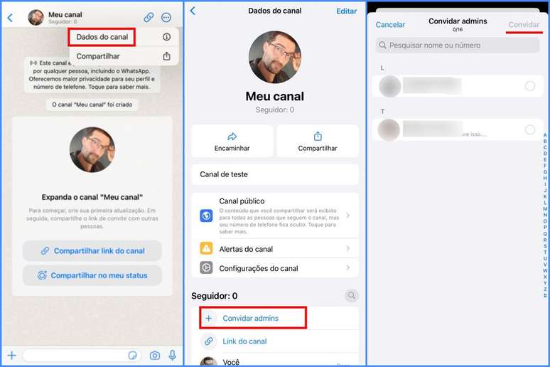 How to invite admins to a channel you own in the iOS version of WhatsApp (Image: Screenshot/Guilherme Haas/Canaltech) How to invite admins to a channel you own in the iOS version of WhatsApp (Image: Screenshot/Guilherme Haas/Canaltech)