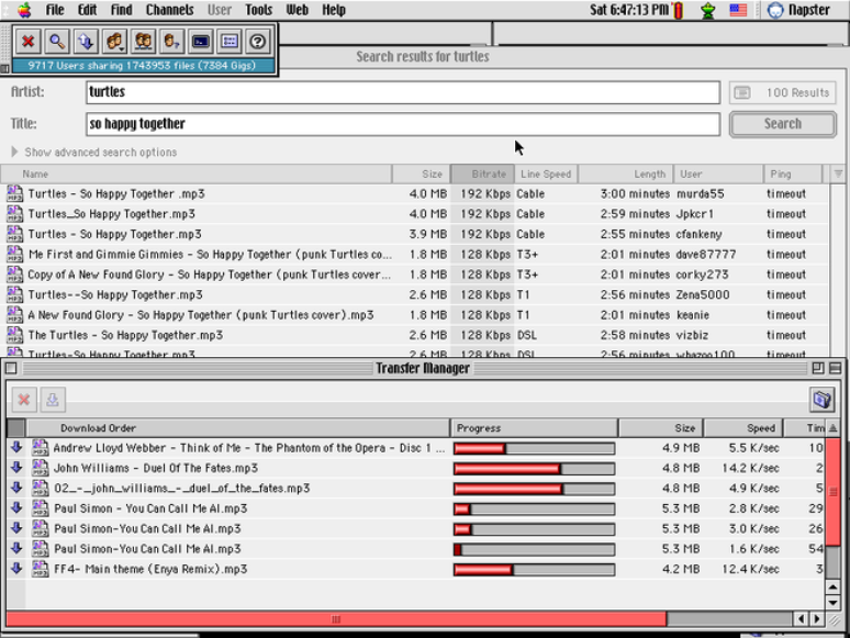 Napster era um app com interface amigável para o ano de 1999. É possível notar que seu visual influenciou muita coisa em termos de compartilhamento de arquivos (Imagem: Reprodução/Wikimedia Commons/CC-4.0)