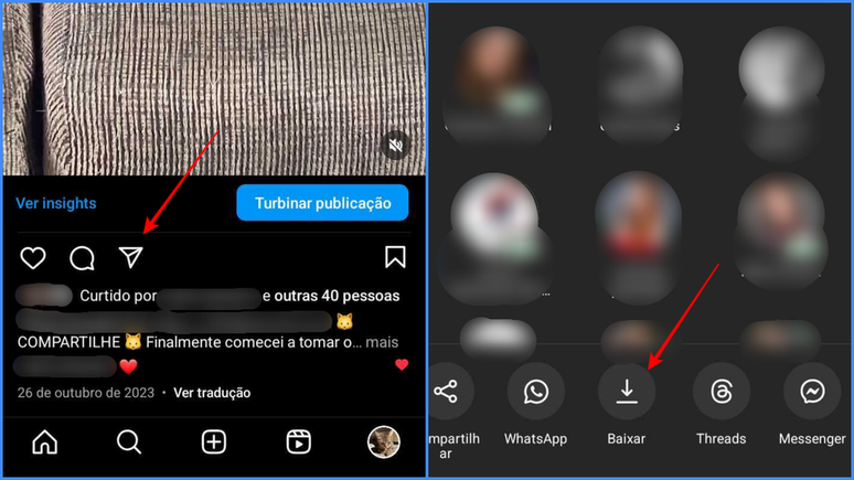 É possível baixar Reels do Instagram no celular tocando no botão de download (Imagem: Captura de tela/Fabrício Calixto/Canaltech)