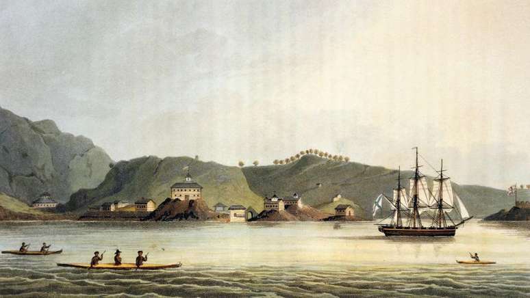 Imagem feita a partir do relato da primeira circunavegação do mundo liderada pelos russos entre 1803 e 1806. Alasca, século 19