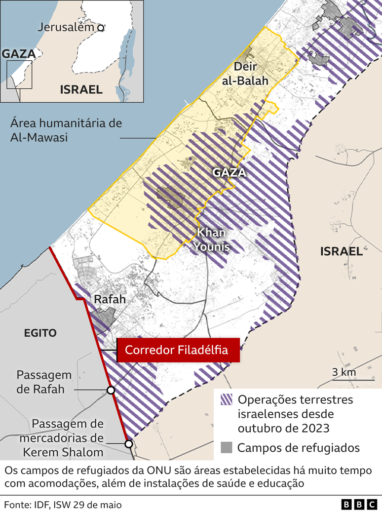 Mapa mostrando o Corredor Filad&eacute;lfia entre Gaza e Egito e a extens&atilde;o das opera&ccedil;&otilde;es terrestres israelenses no sul