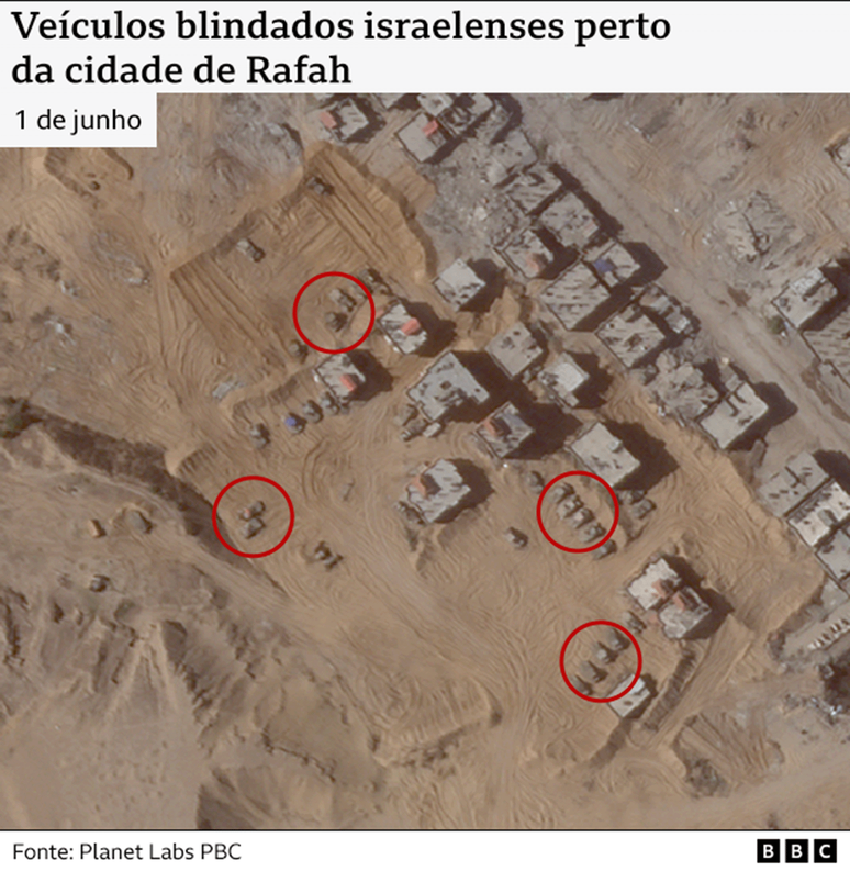 Imagem de sat&eacute;lite de ve&iacute;culos blindados israelenses perto de Rafah