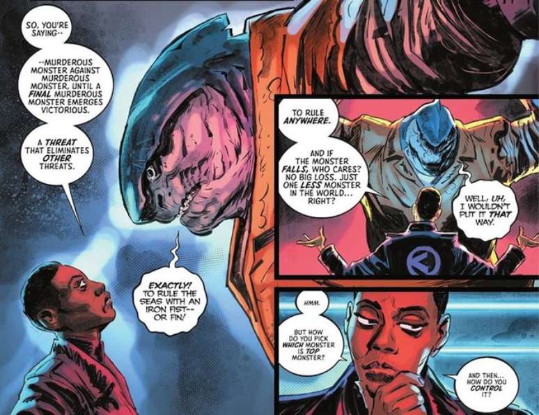 A conversa entre o Tubarão-Rei e Amanda Waller teria dado a ideia do Esquadrão Suicida do Arkhamverso (Imagem: Reprodução/DC Comics)
