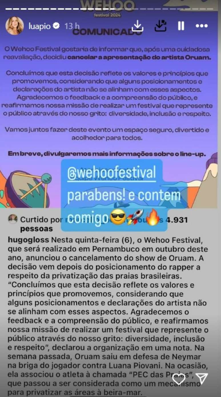 Luana Piovani comemora cancelamento de show de Oruam em festival