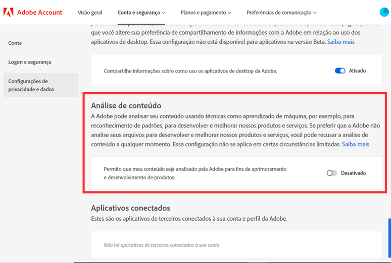 Abra as configurações de privacidade para impedir que a Adobe analise o conteúdo de sua conta (Imagem: Captura de tela/André Magalhães/Canaltech)