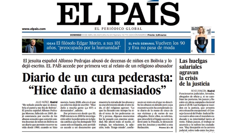 A notícia sobre o diário de Alfonso Pedrajas, estampada na capa do jornal espanhol El País