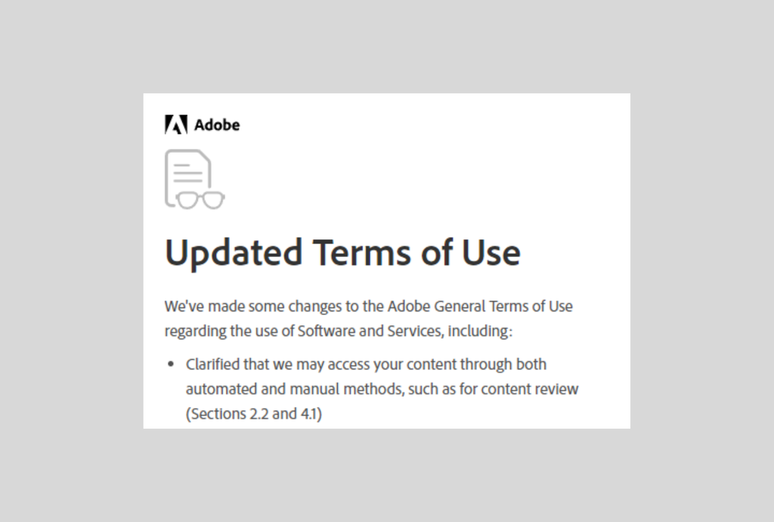 Trecho em notificação da Adobe deu a entender que a empresa tem acesso aos conteúdos de cada usuário a partir de métodos automatizados (Imagem: Reprodução/Adobe)