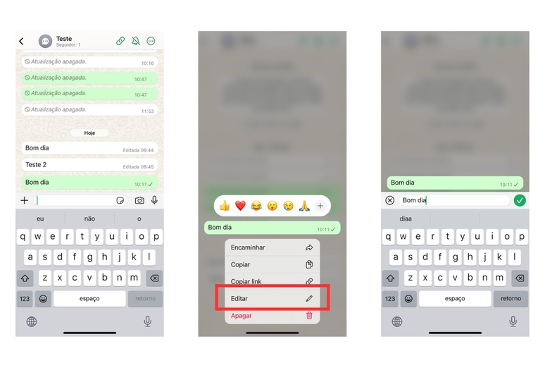 Processo é igual ao de editar mensagens em outras conversas (Imagem: Captura de tela/André Magalhães/Canaltech)