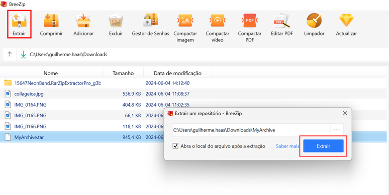Como abrir um arquivo TAR pelo Windows com o app BreeZip (Imagem: Captura de tela/Guilherme Haas/Canaltech)