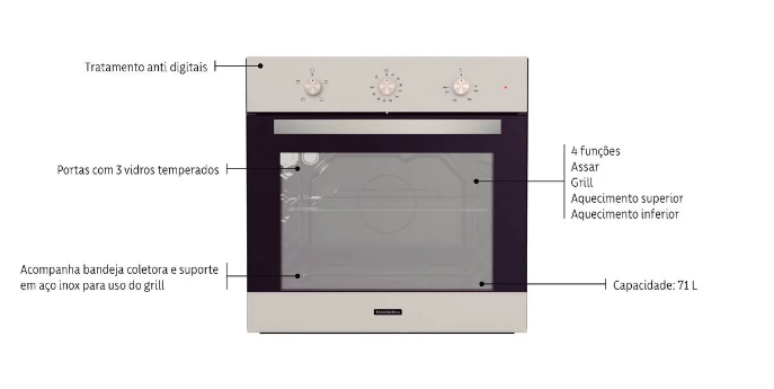 Forno Elétrico de Embutir Tramontina Inox Basic 60 F4 em Aço Inox tem quatro funções: assar, grill, aquecimento superior e aquecimento inferior – Foto: Tramontina