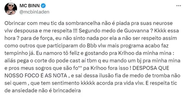 MC Binn reveals feelings for ex BBB Giovanna Lima