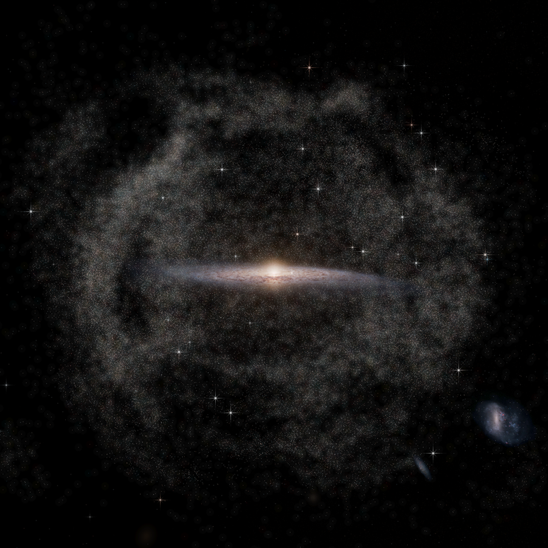 Representação da Via Láctea cercada por seu halo de estrelas; o halo aparece enrugado, sinalizando que houve uma fusão aconteceu recentemente (Imagem: Reprodução/ESA/Gaia/DPAC, T Donlon et al. 2024; Stefan Payne-Wardenaar)