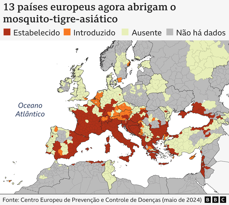Mapa mostra pa&iacute;ses europeus em que o mosquito-tigre-asi&aacute;tico est&aacute; presente