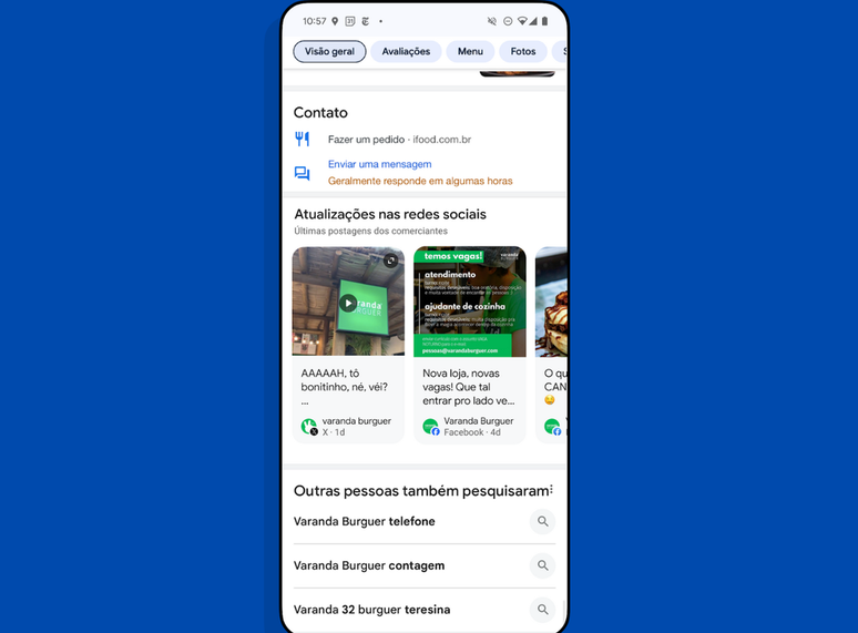 As redes sociais aparecem logo abaixo das informações do estabelecimento (Imagem: Divulgação/Google)