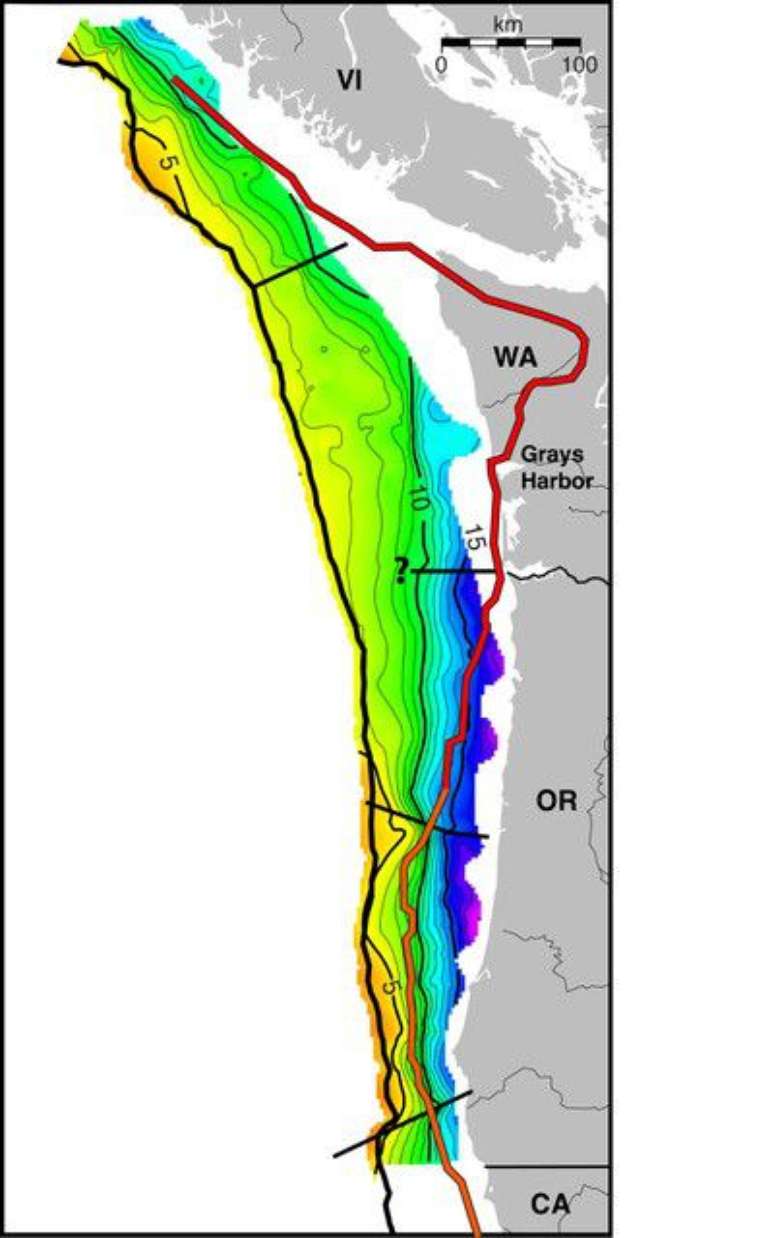 Zona de subducção de Cascadia, uma falha geológica, pode causar terremotos e tsunamis nos EUA (Imagem: Carbotte et al., 2024/Science Advances)