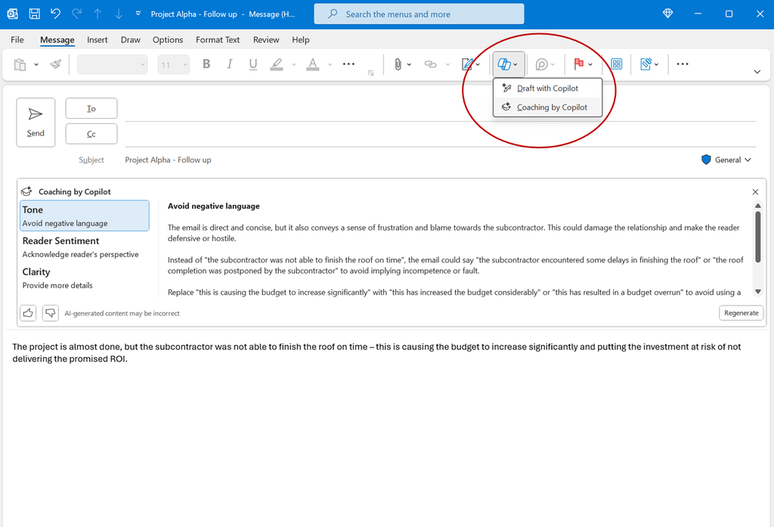 Versão clássica do Outlook ganhou assistente para editar e criar textos (Imagem: Reprodução/Microsoft)