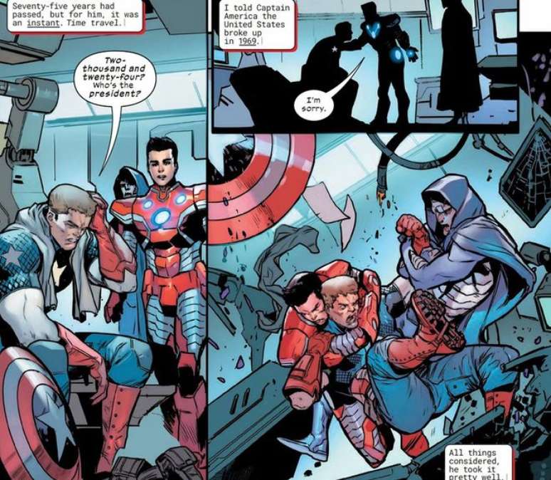 Capitão América acorda de seu estado criogênico e é contido pelos heróis (Imagem: Reprodução/Marvel Comics)