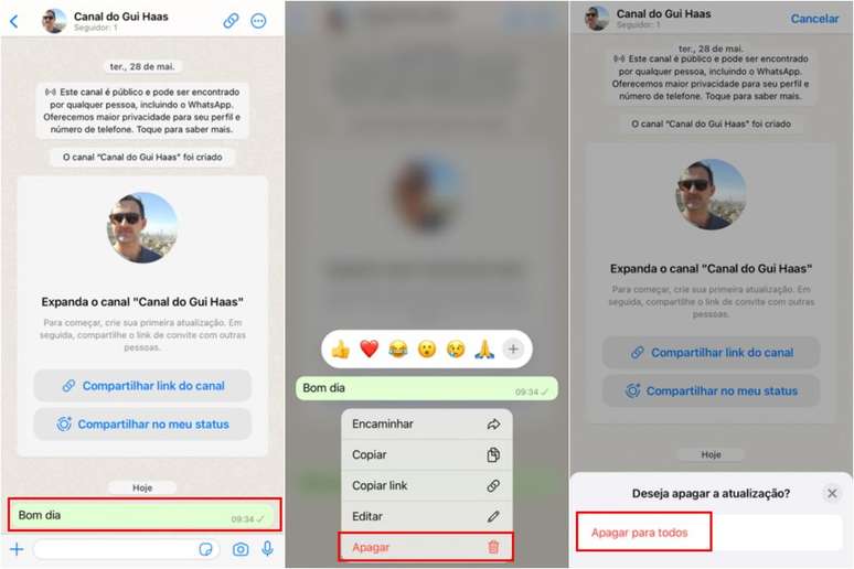 Cara menghapus pembaruan saluran di WhatsApp di iOS (Gambar: Tangkapan Layar/Guilherme Haas/Canaltech)
