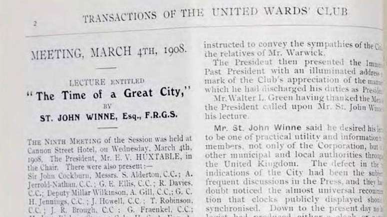 Transcrição da palestra de St. John Wynne na publicação 'Transactions of the United Wards' Club'