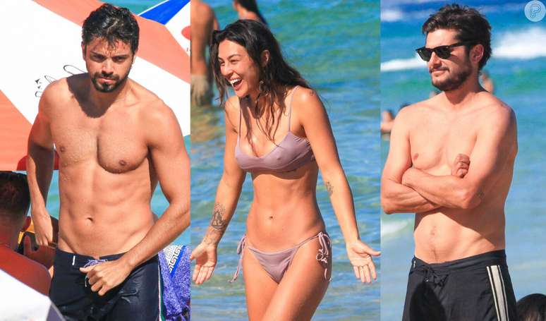 Rodrigo Simas, Bruno Gissoni e Yanna Lavigne foram à praia juntos neste sábado, 15 de junho de 2024.