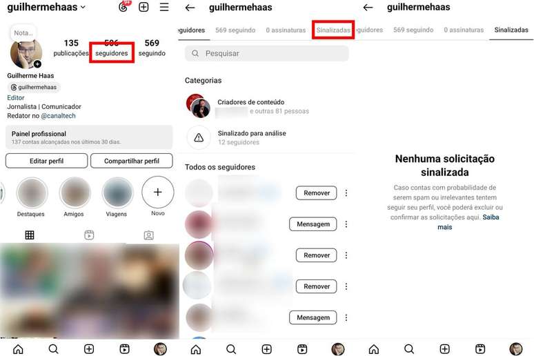 Instagram juga memisahkan permintaan dari potensi bot dan spam (Gambar: Tangkapan Layar/Guilherme Haas/Canaltech)