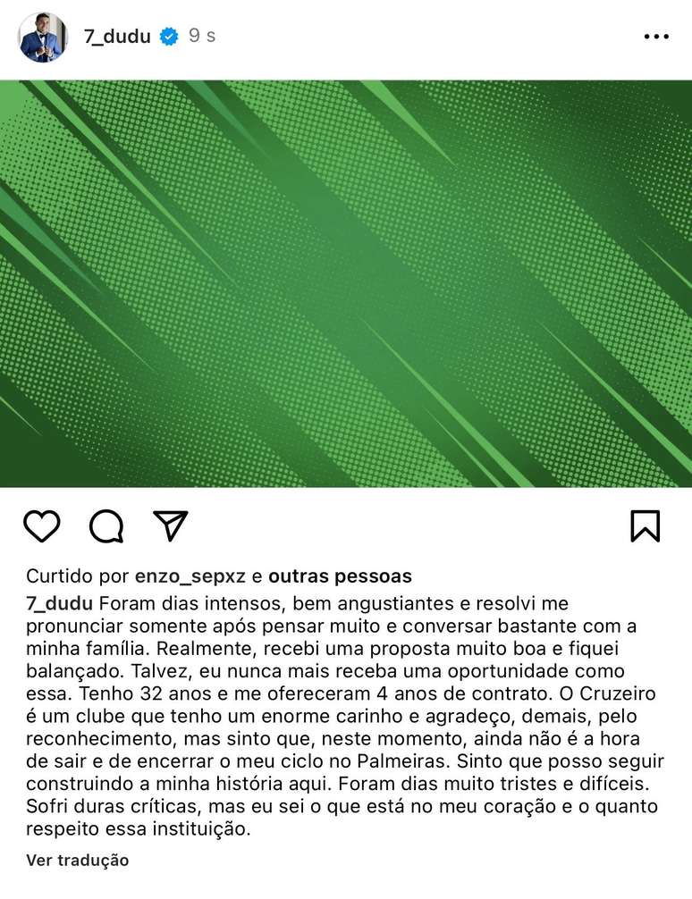 Dudu anuncia que decidiu não assinar com o Cruzeiro 
