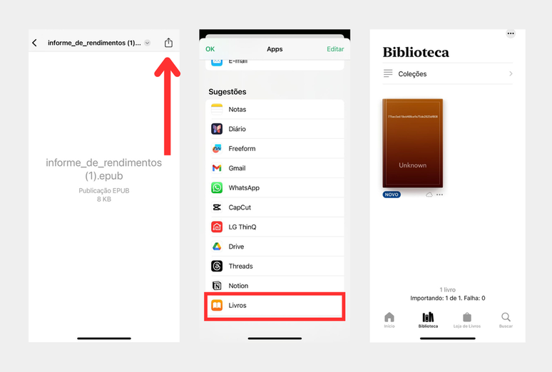 Aplikasi Buku dapat digunakan untuk membuka EPUB di iPhone (Gambar: Tangkapan Layar/André Magalhães/Canaltech)