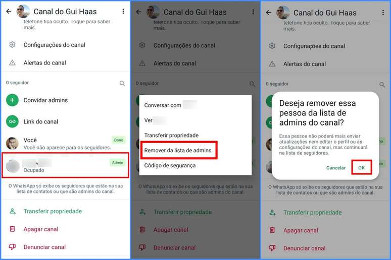 Cómo eliminar a una persona de la lista de administradores de un canal de WhatsApp (Imagen: Captura de pantalla/Guilherme Haas/Canaltech)