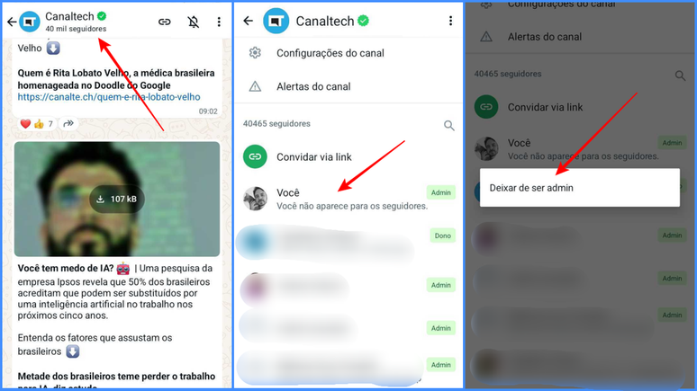 Cómo dejar de ser administrador de un canal en WhatsApp (Imagen: Captura de pantalla/Fabricio Calixto/Canaltech)