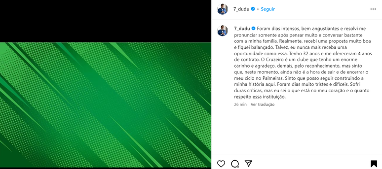 Dudu quebra o silêncio, agradece Cruzeiro e reitera permanência no Palmeiras