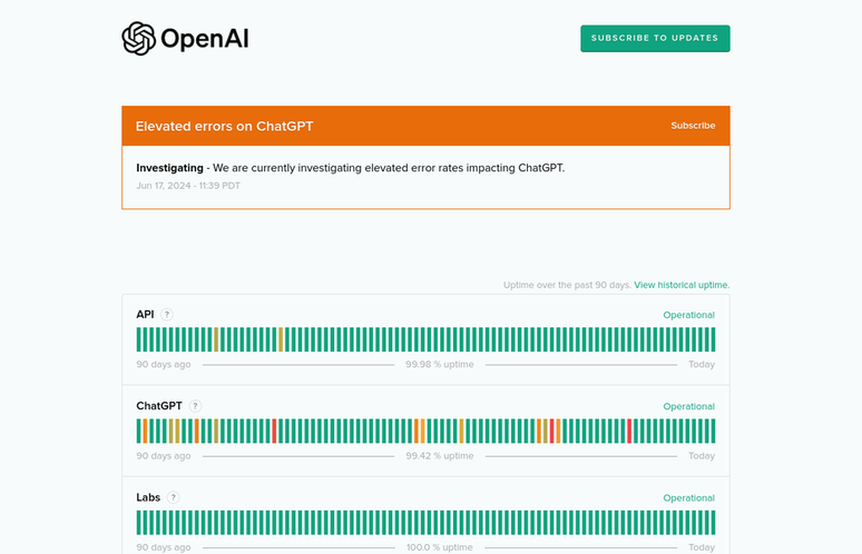 ChatGPT tem problemas nesta segunda-feira (17), revela a OpenAI (Imagem: Reprodução/OpenAI)