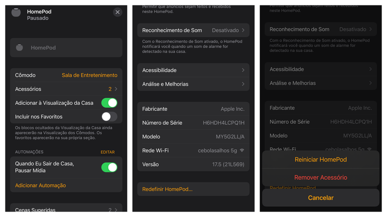 The option to reset HomePod can be found in the device settings, in the Home app (Image: Felipe Junqueira/Canaltech) The option to reset HomePod can be found in the device settings, in the Home app (Image: Felipe Junqueira/Canaltech)