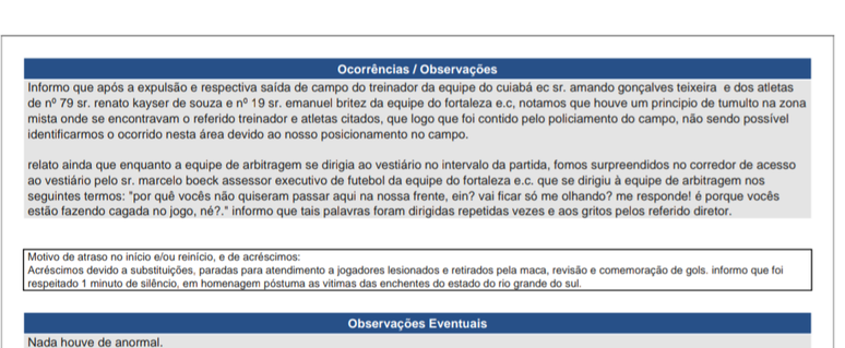 Ocorrências da partida entre Cuiabá e Fortaleza 